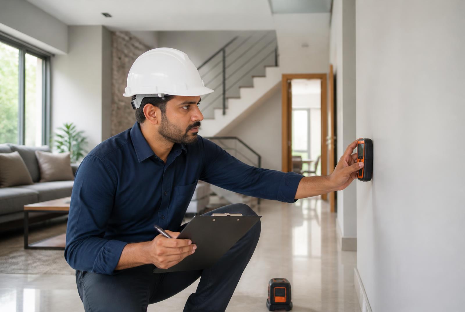 Civil engineer learning professional home inspection with a moisture meter